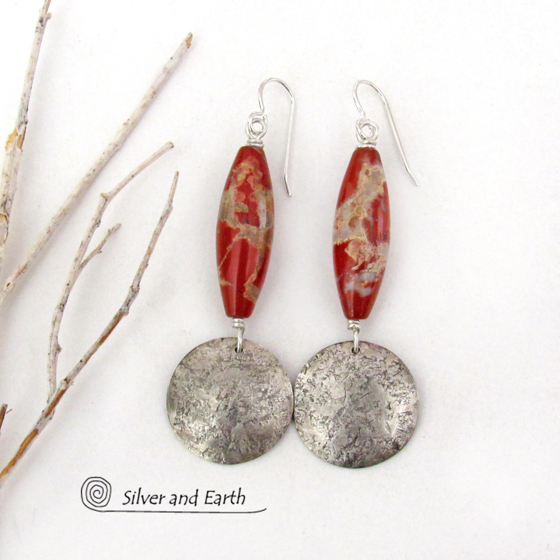 White Lace Red Jasper Sterling Silver Earrings Unique Stone Jewelry Silver and Earth Jewelry